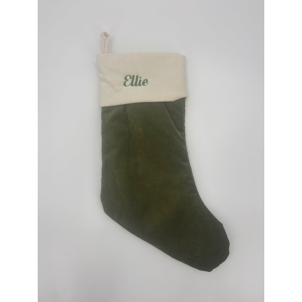 Pottery Barn Personalized Christmas Stocking Olive‎ Green Velvet Embroider Ellie